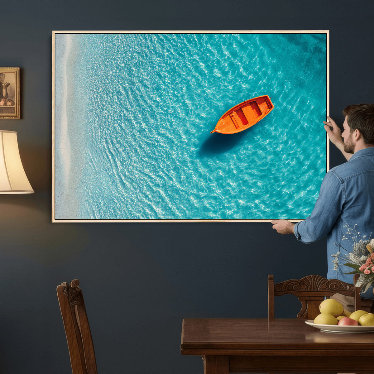 Minimalist Boat Wall Art Canvas Print, Aerial Sea Landscape