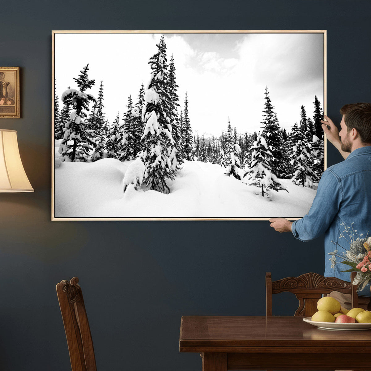 Black and White Snowy Pine Forest Wall Art Canvas Print,