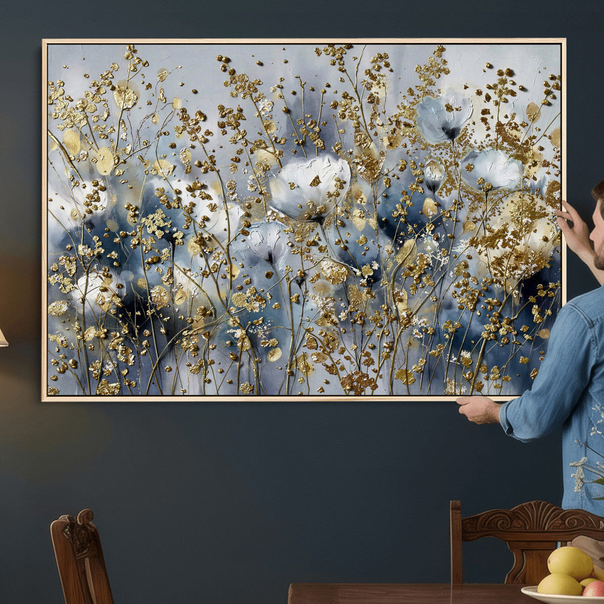 Abstract Floral Wall Art Canvas Print – Gold and Blue