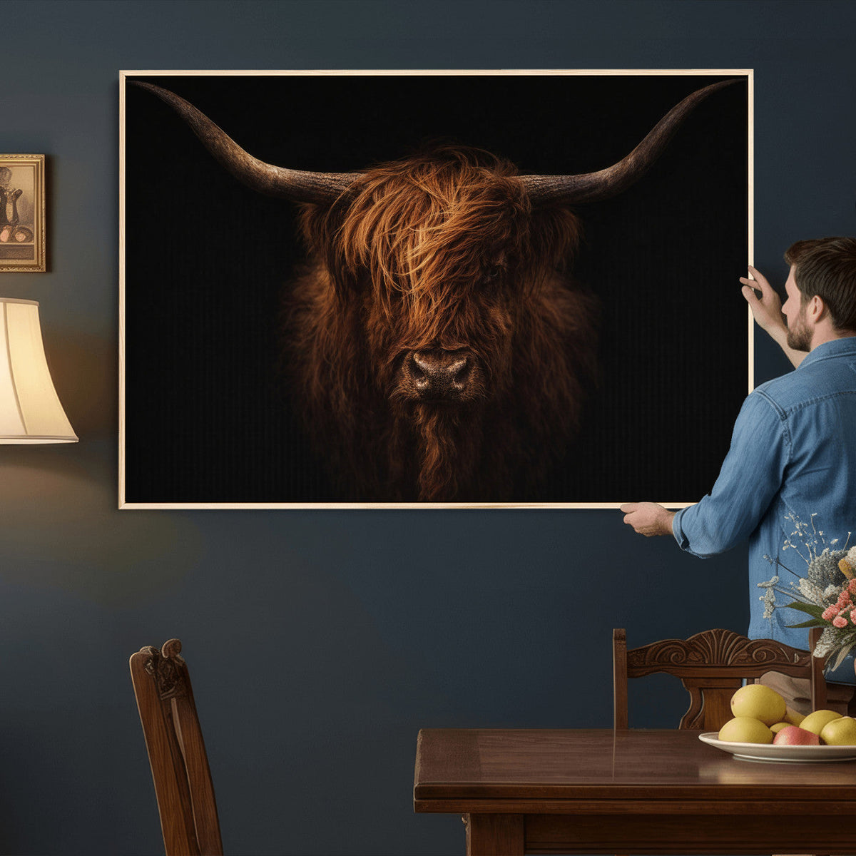 Highland Cow Wall Art Canvas Print – Moody Dark Rustic