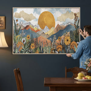 Boho Mountain Landscape Large Wall Art, Horizontal Gold