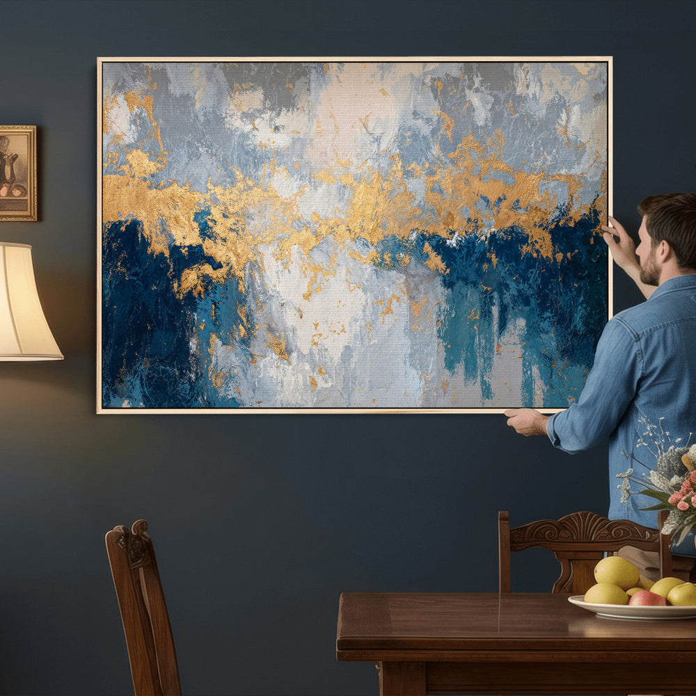 Blue Gold Abstract Large Framed Canvas Wall Art, Modern