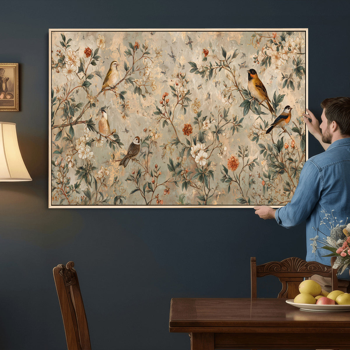 Vintage Birds and Flowers Wall Art Canvas Print, Botanical