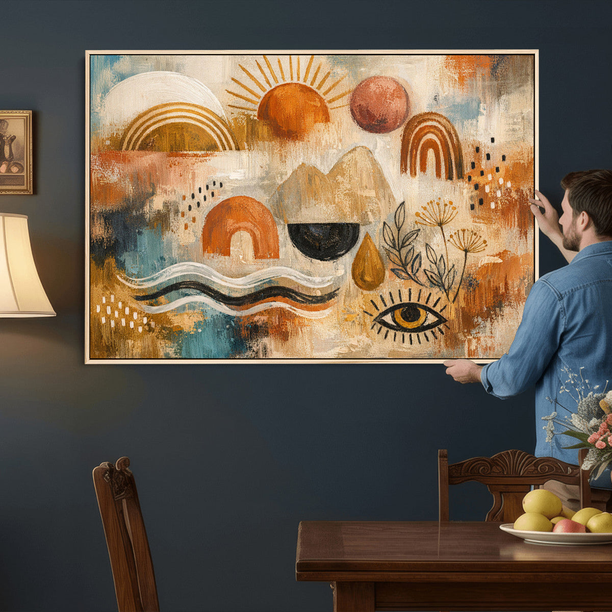 Geometric Boho Abstract Wall Art Canvas Print, Orange Blue