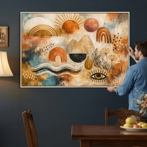 Geometric Boho Abstract Wall Art Canvas Print, Orange Blue