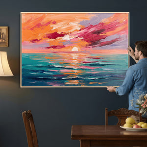 Bold Palette Knife Ocean Sunset Canvas — Orange Pink Teal