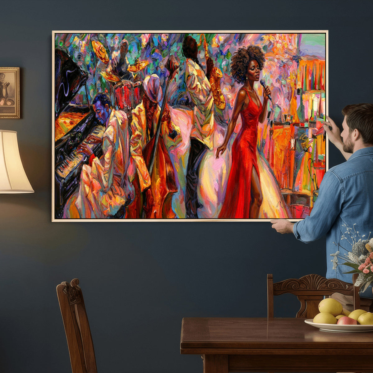 African American Jazz Singer Canvas Art — Red Dress Black
