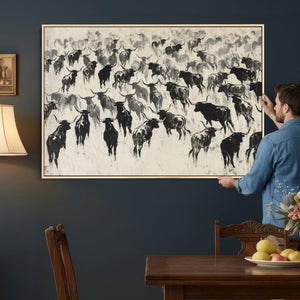 Longhorn Cattle Canvas Wall Art, Black White Stampede Ink