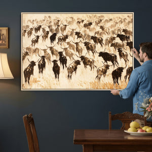 Texas Longhorn Sepia Canvas Wall Art, Western Cattle