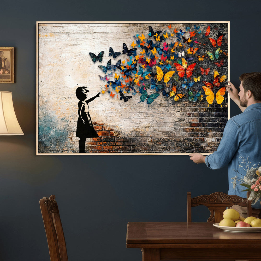 Banksy Graffiti Butterfly Girl Wall Art Canvas Print, Framed