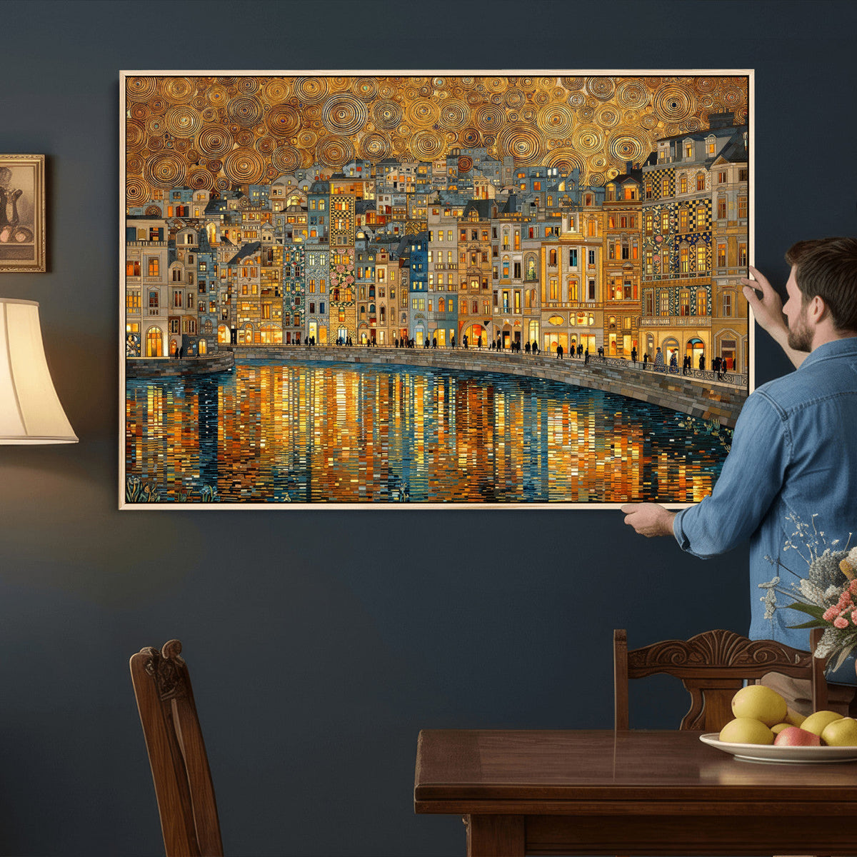 Gustav Klimt Golden Cityscape Wall Art Canvas Print, Framed