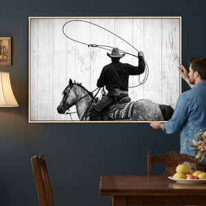 Cowboy Lasso Canvas Wall Art, Black White Western Horse