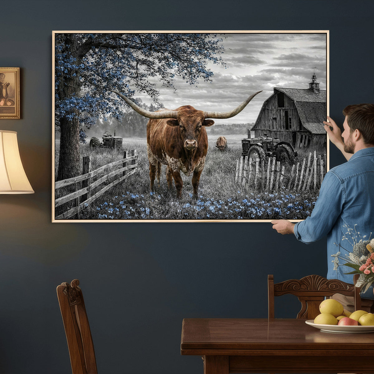 Texas Longhorn Canvas Wall Art, Rustic Farm Barn Bluebonnet