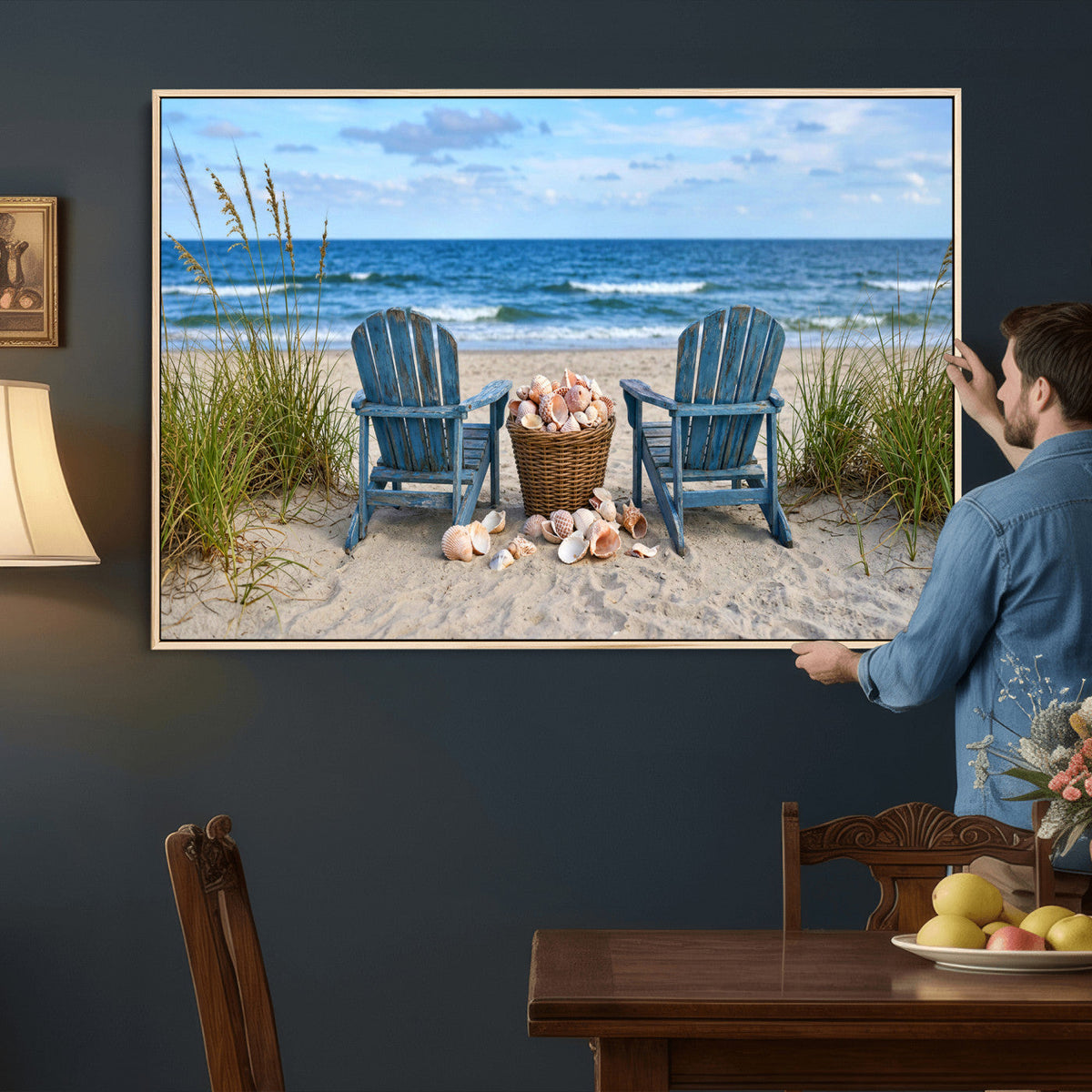 Large Beach Canvas Wall Art Coastal Adirondack Chairs Ocean