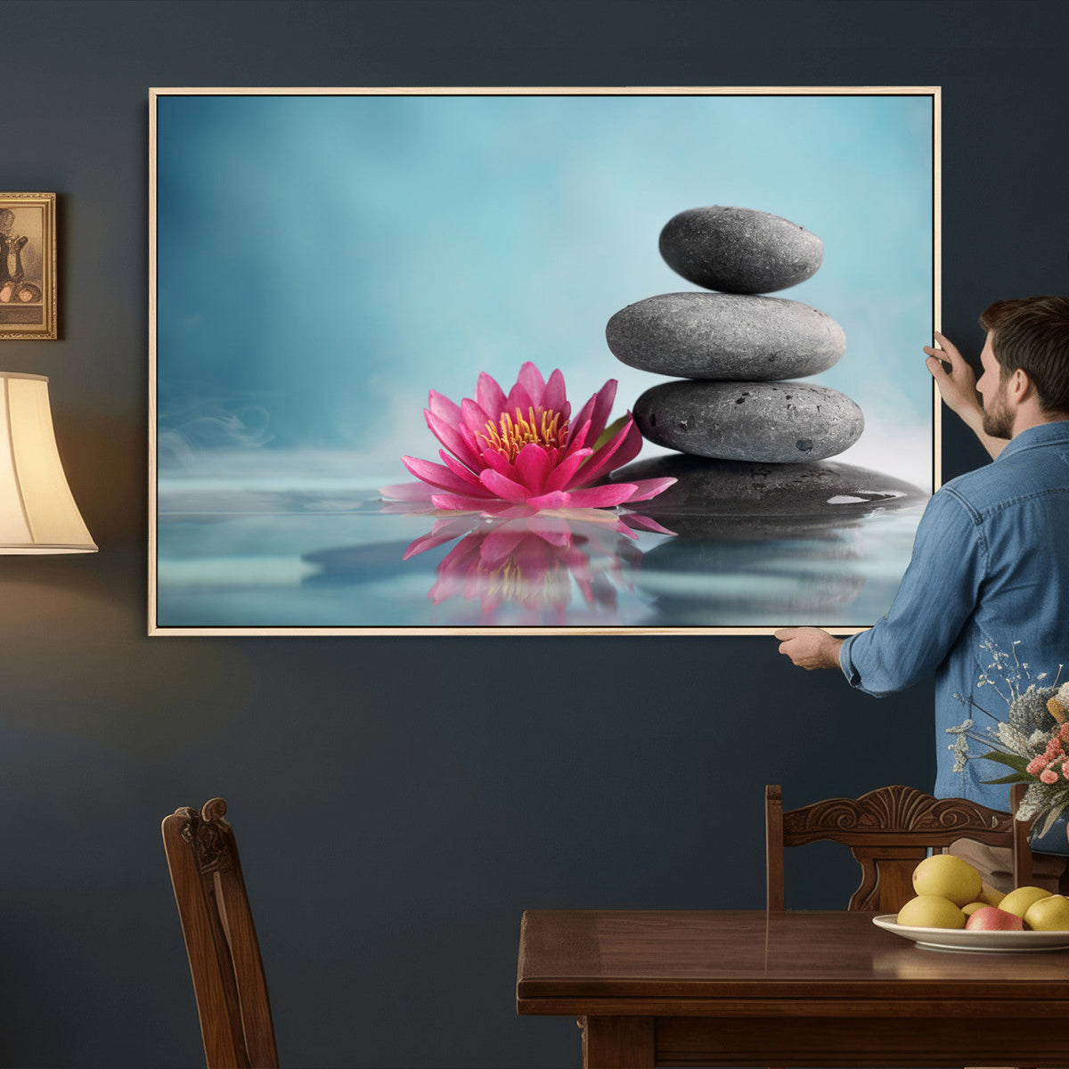 Zen Canvas Wall Art Lotus Flower Stacked Stones Teal Spa