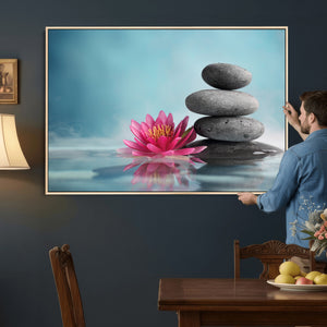 Zen Canvas Wall Art Lotus Flower Stacked Stones Teal Spa