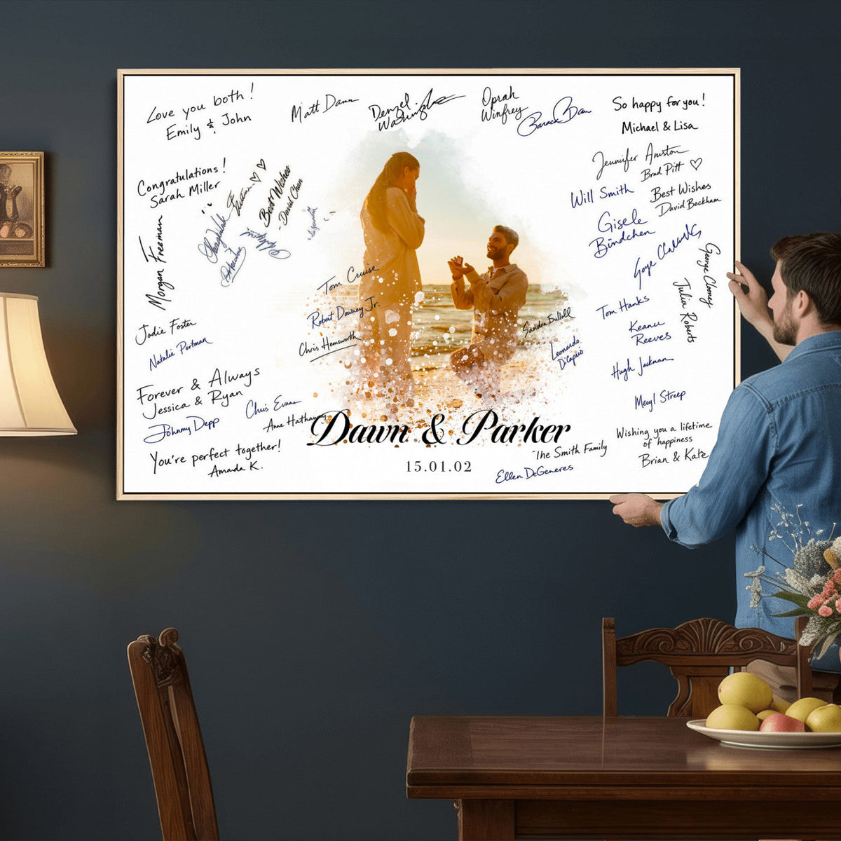 Wedding Guest Book Alternative Wall Art Canvas Print, Personalized Wedding Signature Poster, Custom Couple Photo Guestbook Canvas, Bridal Shower Reception Decor