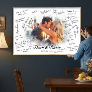 Wedding Guest Book Alternative Wall Art Canvas Print, Personalized Wedding Signature Poster, Custom Couple Photo Guestbook Canvas, Bridal Shower Reception Decor