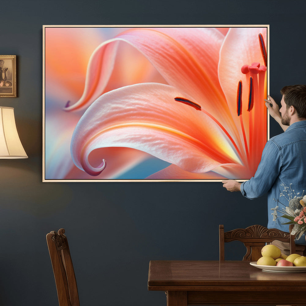 Peach Lily Canvas Wall Art, Coral Pink Flower Macro Photo Print, Botanical Bedroom Decor, Soft Floral Photography, Living Room Wall Art