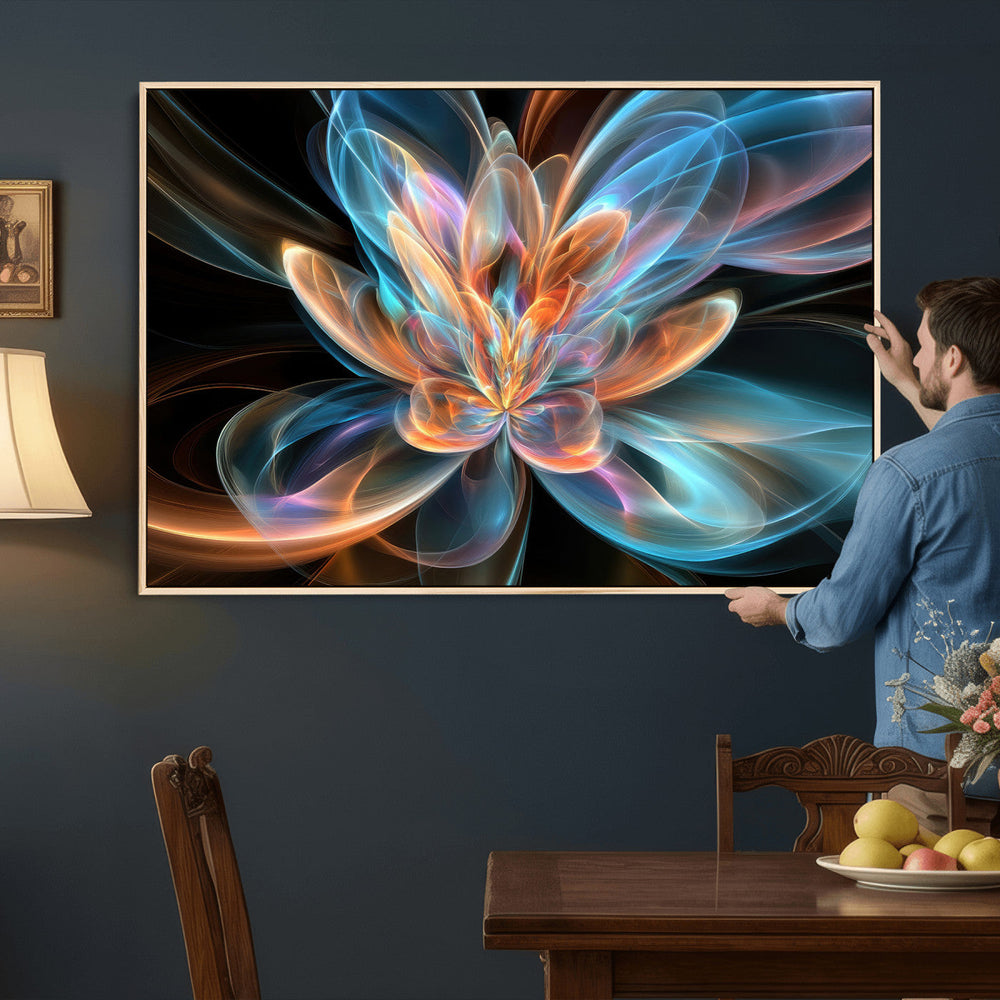 Fractal Lotus Canvas Wall Art, Blue Orange Glowing Flower Abstract Print, Modern Zen Meditation Room Decor, Ethereal Digital Art, Living Room