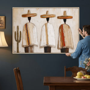 Mexican Wall Art Canvas Print, Southwestern Sombrero Poncho Painting, Neutral Earthy Boho Decor, Fiesta Living Room Art, Impasto Style Print