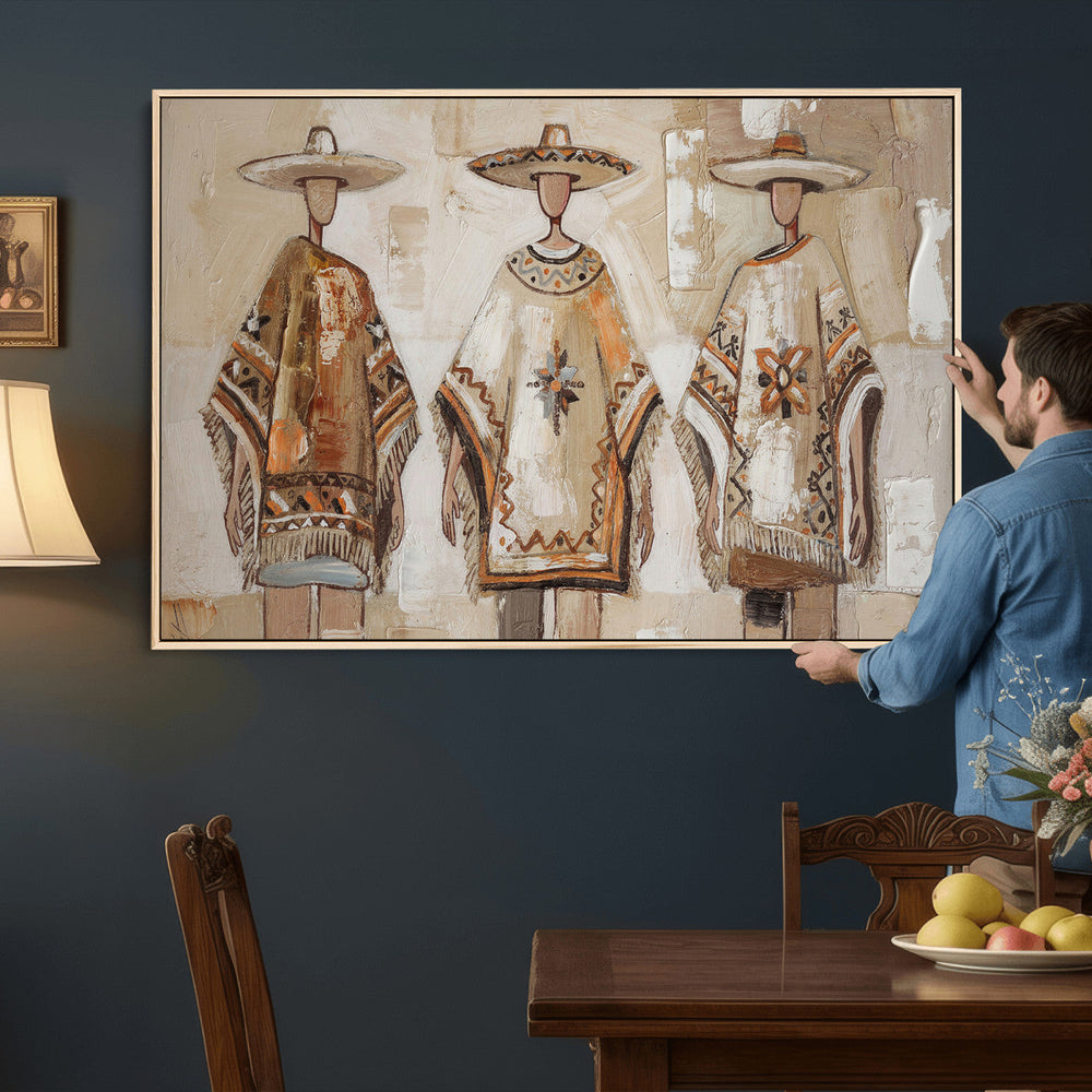 Mexican Folk Art Canvas Wall Art, Charro Poncho Sombrero Painting Print, Neutral Beige Boho Decor, Southwestern Impasto Style, Living Room Art