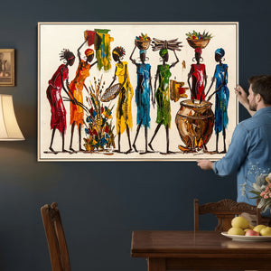 African Folk Art Canvas Wall Art, Colorful African Women Village Painting Print, Tribal Ethnic Home Decor, Vibrant African Art, Living Room