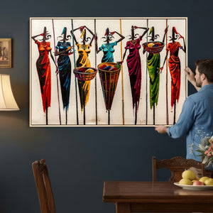 African Folk Art Canvas Wall Art, Colorful African Women Village Painting Print, Tribal Ethnic Home Decor, Vibrant African Art, Living Room
