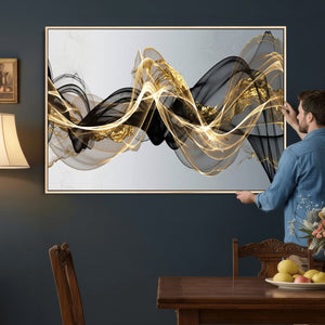 Black and Gold Abstract Wall Art, Modern Wave Canvas Print, Elegant Flowing Smoke Art, Luxury Living Room Decor
