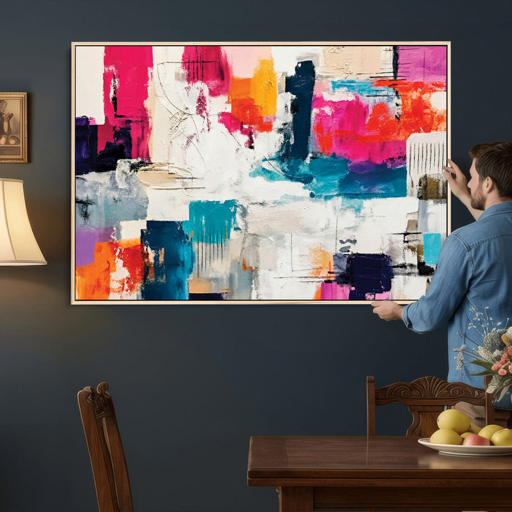 Blue Teal Abstract Canvas Wall Art, Modern Textured Painting Print, Navy Orange White Contemporary Art, Neutral Living Room Decor, Office Art