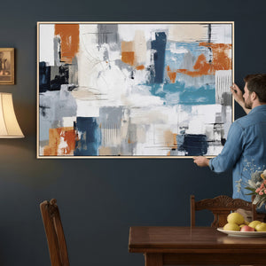 Blue Teal Abstract Canvas Wall Art, Modern Textured Painting Print, Navy Orange White Contemporary Art, Neutral Living Room Decor, Office Art