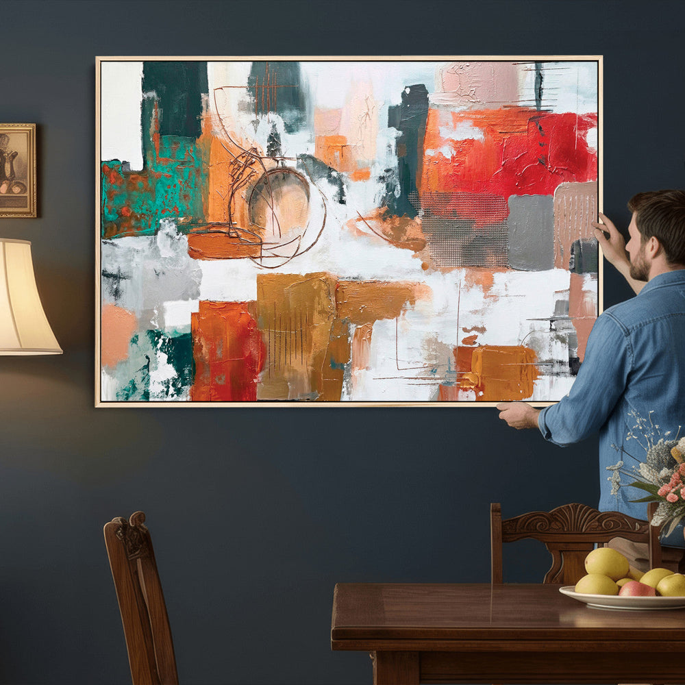 Blue Teal Abstract Canvas Wall Art, Modern Textured Painting Print, Navy Orange White Contemporary Art, Neutral Living Room Decor, Office Art