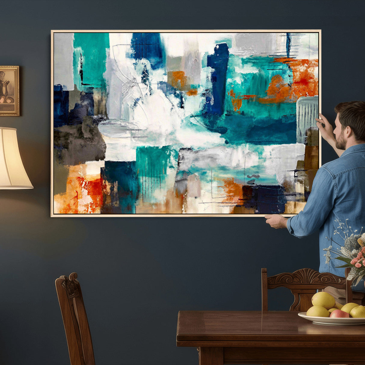 Blue Teal Abstract Canvas Wall Art, Modern Textured Painting Print, Navy Orange White Contemporary Art, Neutral Living Room Decor, Office Art