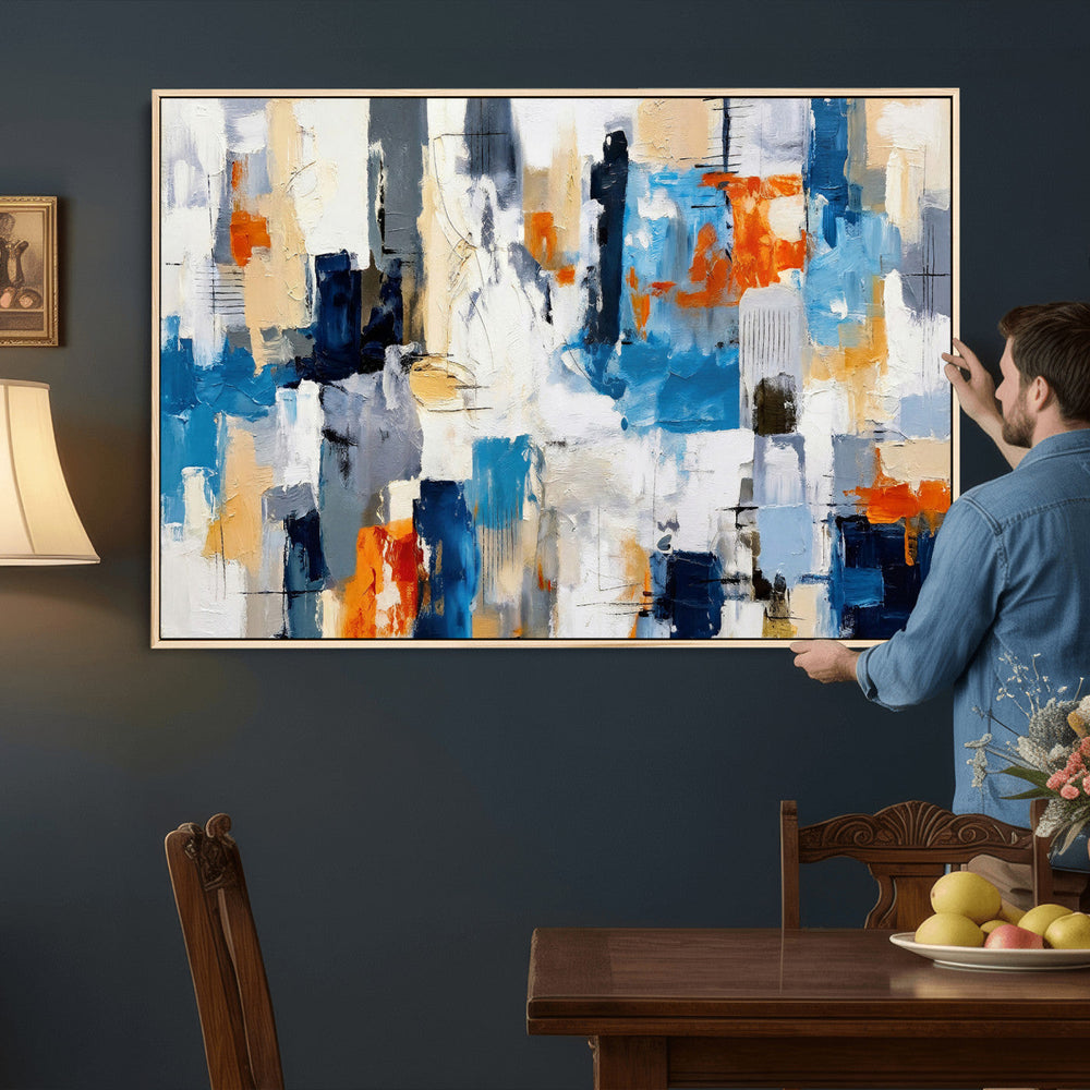 Blue Teal Abstract Canvas Wall Art, Modern Textured Painting Print, Navy Orange White Contemporary Art, Neutral Living Room Decor, Office Art