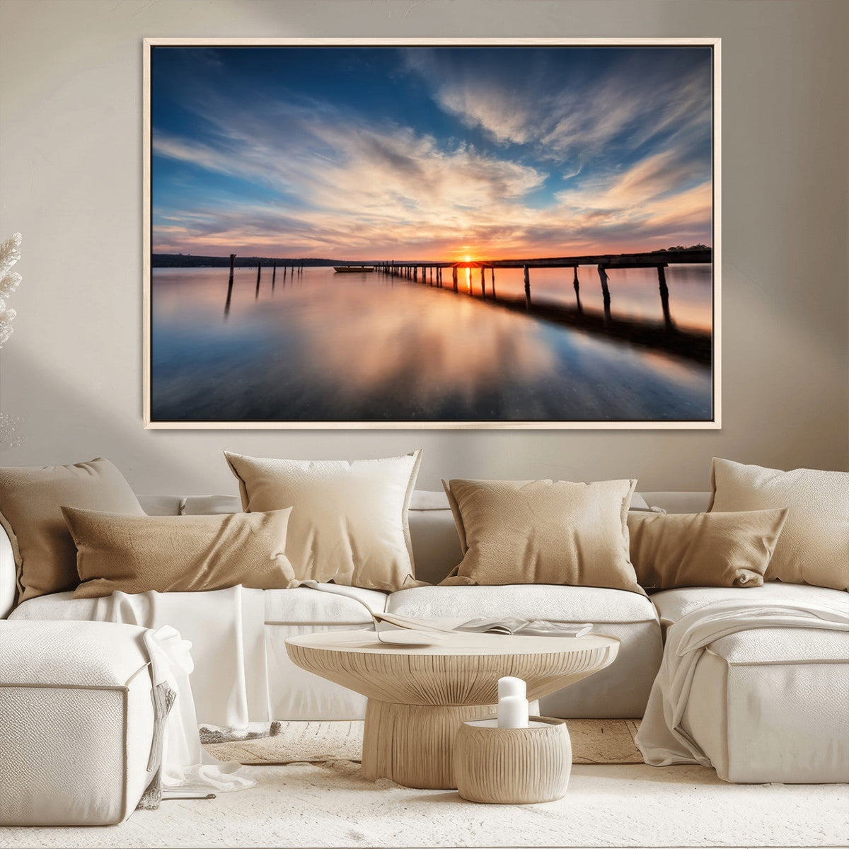 Wooden Pier on Seascape and Sunset Wall Art Canvas Print