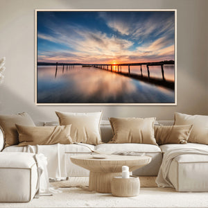 Wooden Pier on Seascape and Sunset Wall Art Canvas Print