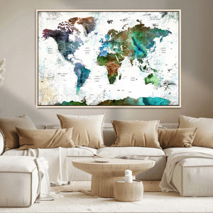 Modern Watercolor World Map Canvas Wall Art – Framed