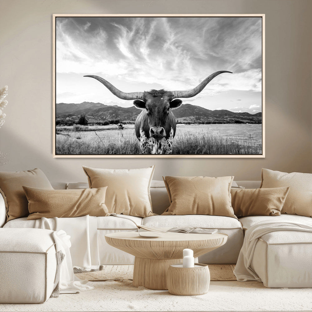 Longhorn Black and White Wall Art – Rustic Western Bull
