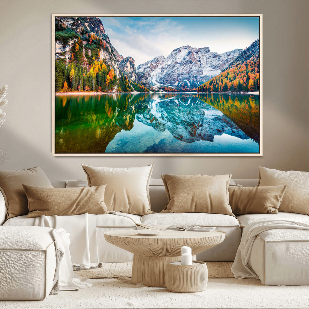 Spectacular autumn view of Braies Lake Wall Art Canvas Print