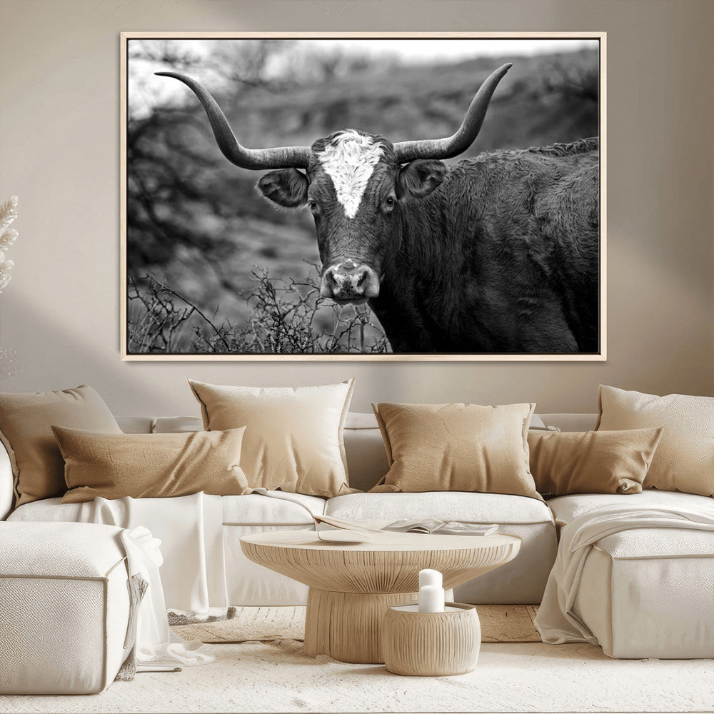 Western Home Wall Art Canvas Print, Framed Texas Longhorn