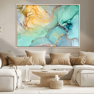 Abstract Aqua and Gold Fluid Wall Art Canvas | 3 Panel Large