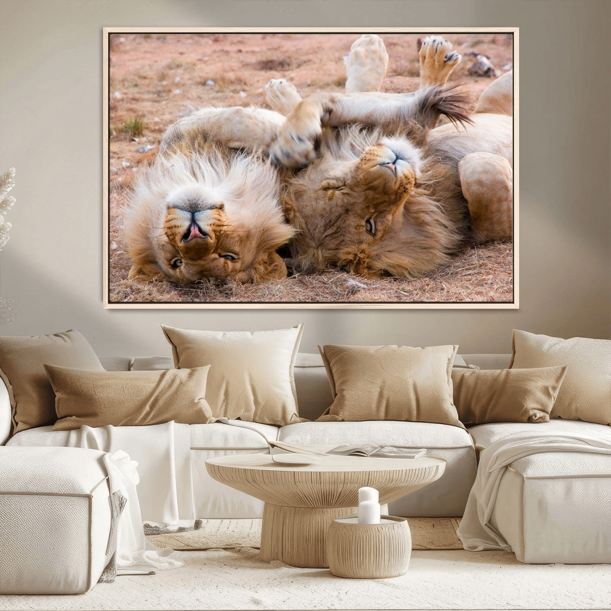 Lion Pair Wall Art Canvas Print – Framed Wildlife Scene with