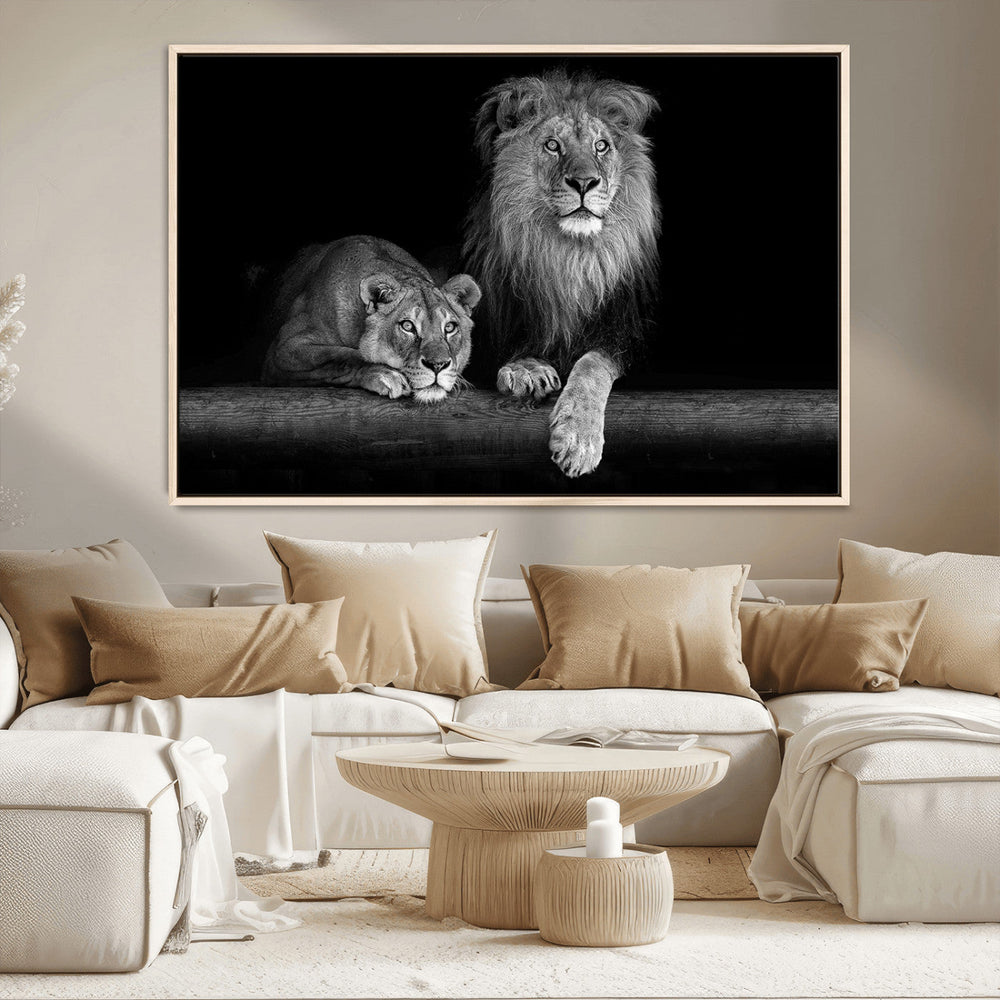 Large Black and White Lion Couple Wall Art Canvas Print –
