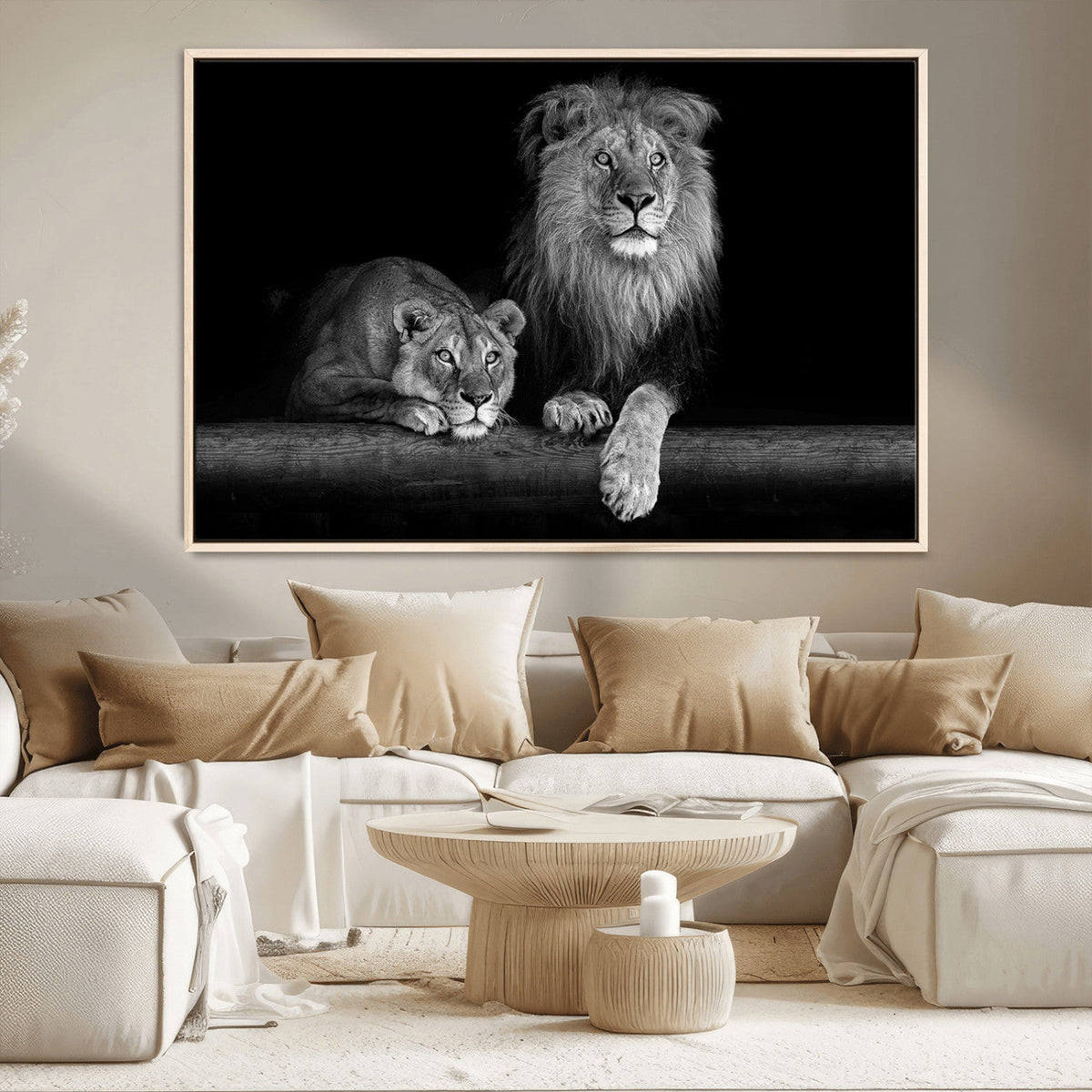Large Black and White Lion Couple Wall Art Canvas Print –