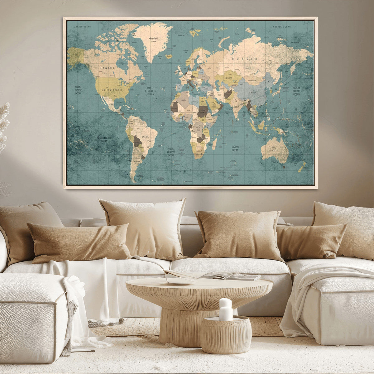 Classic World Map Canvas Print – Framed Vintage Map Wall