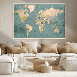 Classic World Map Canvas Print – Framed Vintage Map Wall