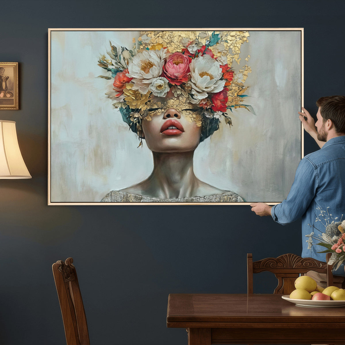 Golden Petal Wall Art Canvas Print - Silhouette Woman Wall