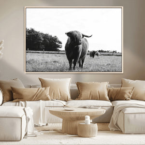Black and White Highland Cow Wall Art Canvas Print | Rustic
