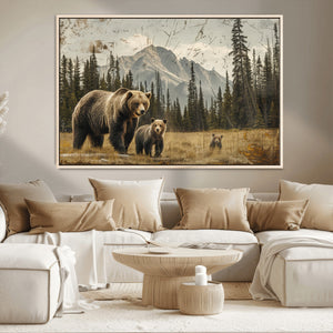 Rustic Grizzly 399 Bear Family Wall Art Canvas Print