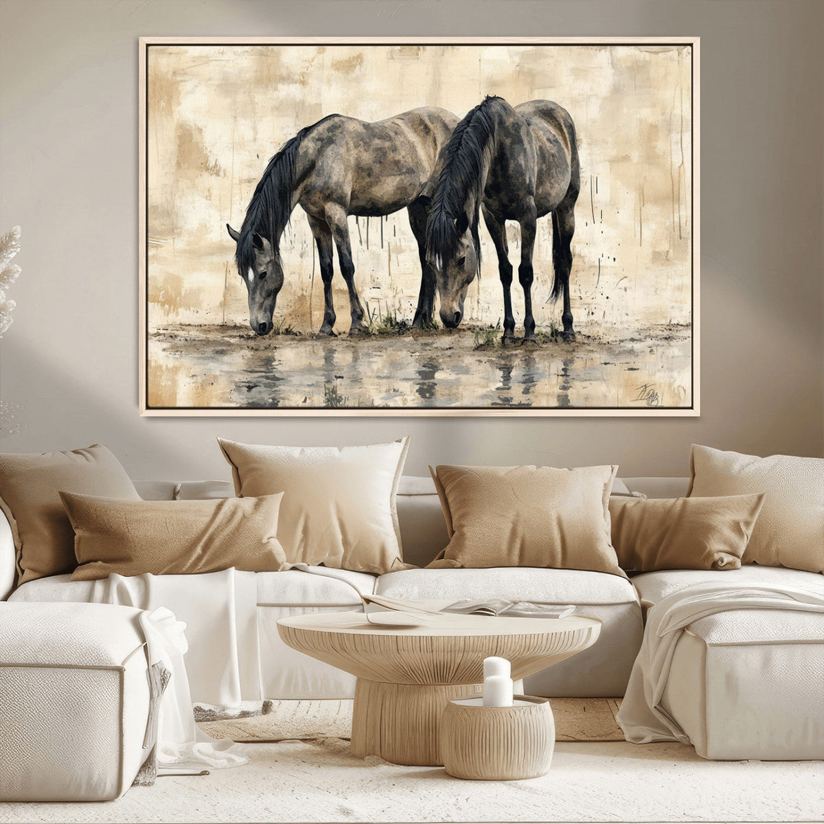 Chinese Style Abstract Black Horses Wall Art Canvas Print -